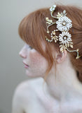 Beaded brass flower and rhinestone headpiece - Style #344